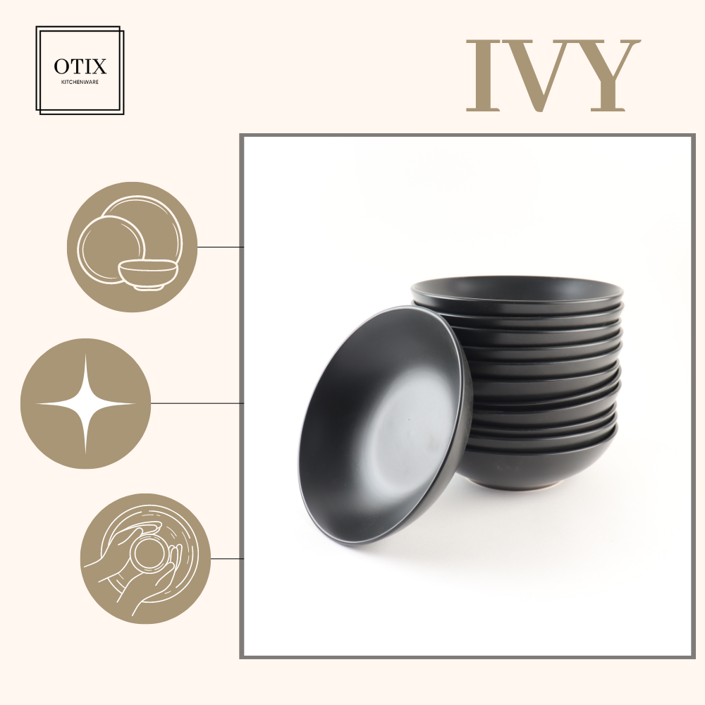 OTIX Diepe Borden Pastaborden Spaghettiborden Soepborden Set van 12 Mat zwart Diameter 20.5cm Aardewerk IVY Servies - Afbeelding 9