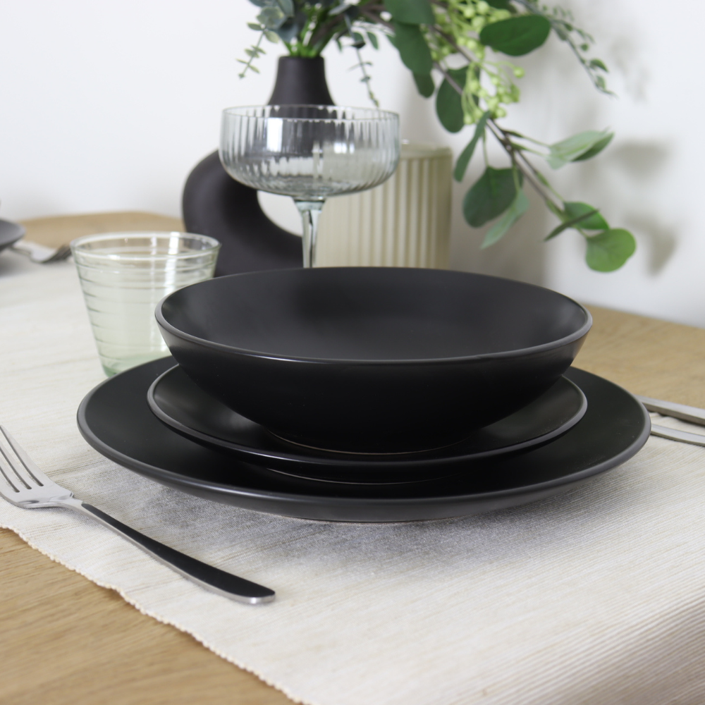 OTIX Diepe Borden Pastaborden Spaghettiborden Soepborden Set van 12 Mat zwart Diameter 20.5cm Aardewerk IVY Servies - Afbeelding 4