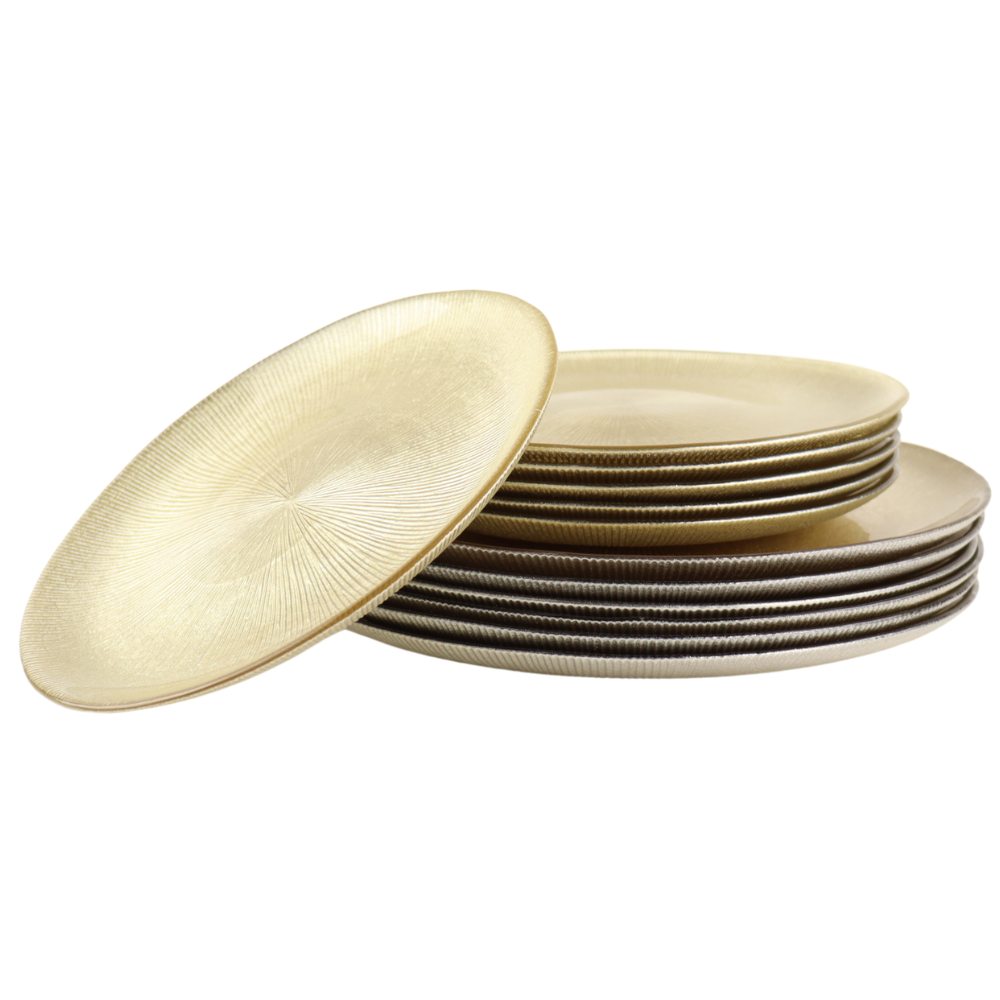 OTIX Dinerborden Bordenset 6 Persoons Onderborden Dessertborden Goud Glitter Decoratieve Borden Tafeldecoratie 12 delig 21cm & 27cm Glas AUREA