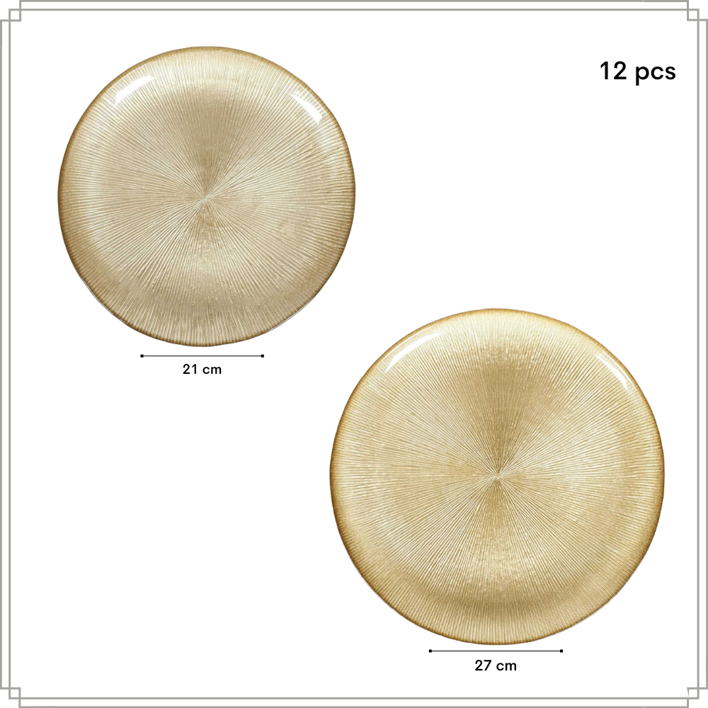 OTIX Dinerborden Bordenset 6 Persoons Onderborden Dessertborden Goud Glitter Decoratieve Borden Tafeldecoratie 12 delig 21cm & 27cm Glas AUREA - Afbeelding 6