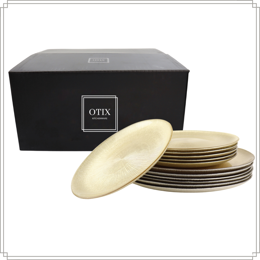 OTIX Dinerborden Bordenset 6 Persoons Onderborden Dessertborden Goud Glitter Decoratieve Borden Tafeldecoratie 12 delig 21cm & 27cm Glas AUREA - Afbeelding 9