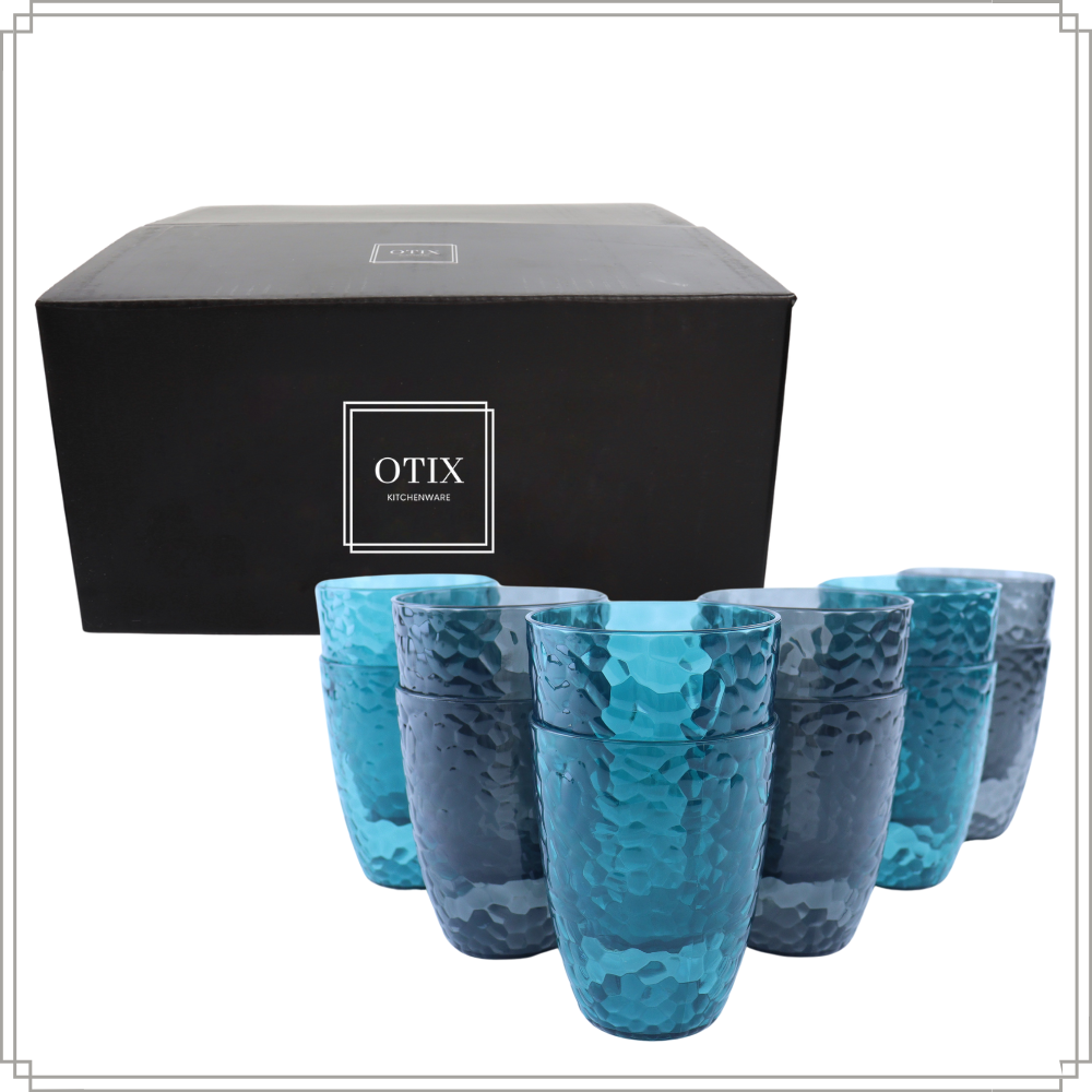 OTIX Kunststof Drinkglazen Herbruikbaar Set van 12 Waterglas Limonadeglazen Blauw en Grijs 380ml HARBOR ZEPHYR - Afbeelding 9