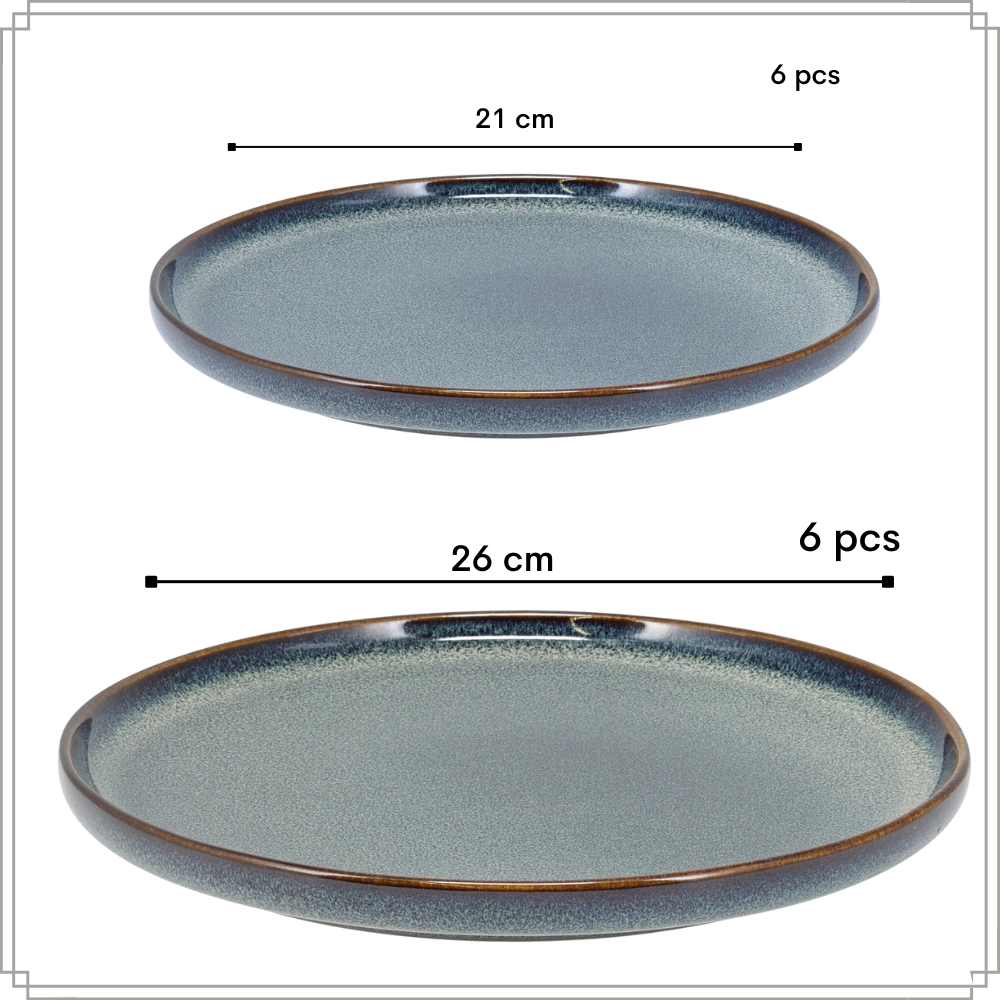 OTIX Serviesset 12-delig Bordenset 6-persoons Ontbijtborden Dinerborden Blauw Aardewerk Gebaksbordjes EBONY - Afbeelding 5