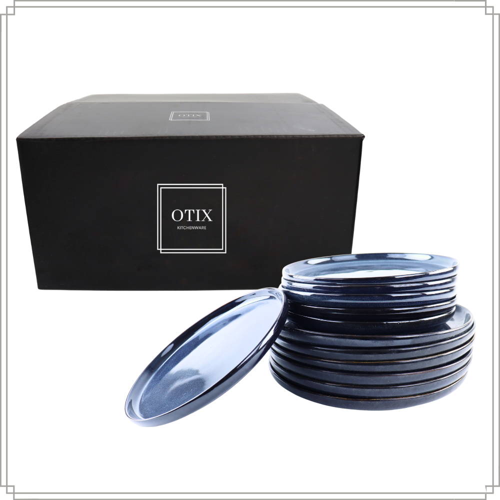 OTIX Serviesset 12-delig Bordenset 6-persoons Ontbijtborden Dinerborden Blauw Aardewerk Gebaksbordjes EBONY - Afbeelding 9
