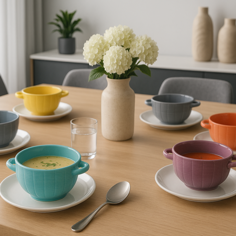 OTIX Soepkommen Set van 12 Aardewerk Soeptassen 680 ml 6 Kleuren Grijs Roze Geel Paars Blauw Groen PALETTE - Afbeelding 3