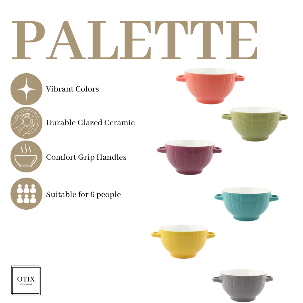 OTIX Soepkommen Set van 12 Aardewerk Soeptassen 680 ml 6 Kleuren Grijs Roze Geel Paars Blauw Groen PALETTE - Afbeelding 5