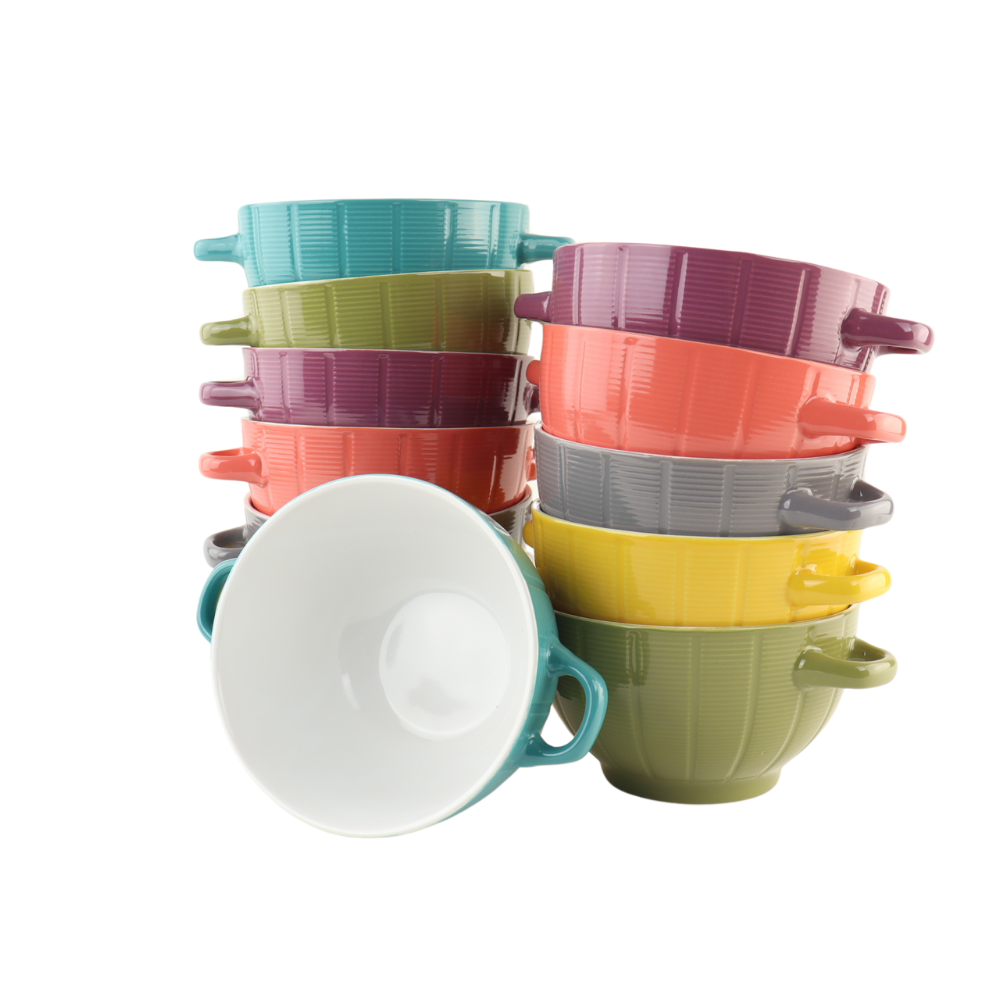 OTIX Soepkommen Set van 12 Aardewerk Soeptassen 680 ml 6 Kleuren Grijs Roze Geel Paars Blauw Groen PALETTE - Afbeelding 2