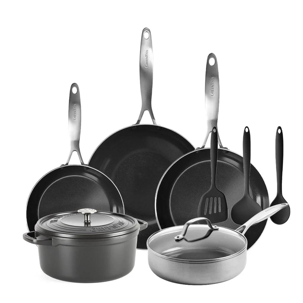 GreenPan - Geneva All You Need 9-delige Pannenset 18/24/24/28/28 cm - 2 koekenpannen + stoofpan met deksel + wokpan + braadpan + 3-delige spatelset